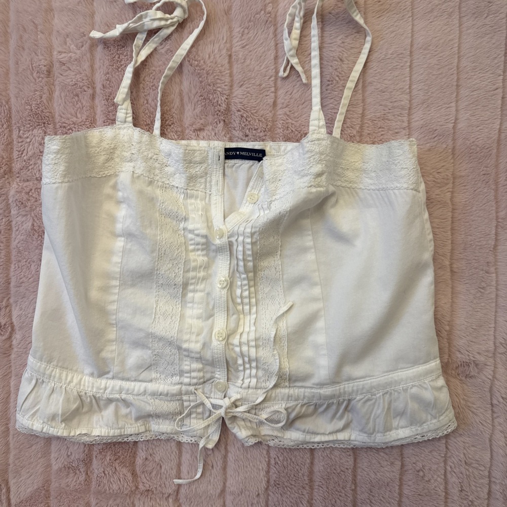 Brandy Melville White Cotton Lace Trim Ruffle Tie Strap Camisole Top One Size